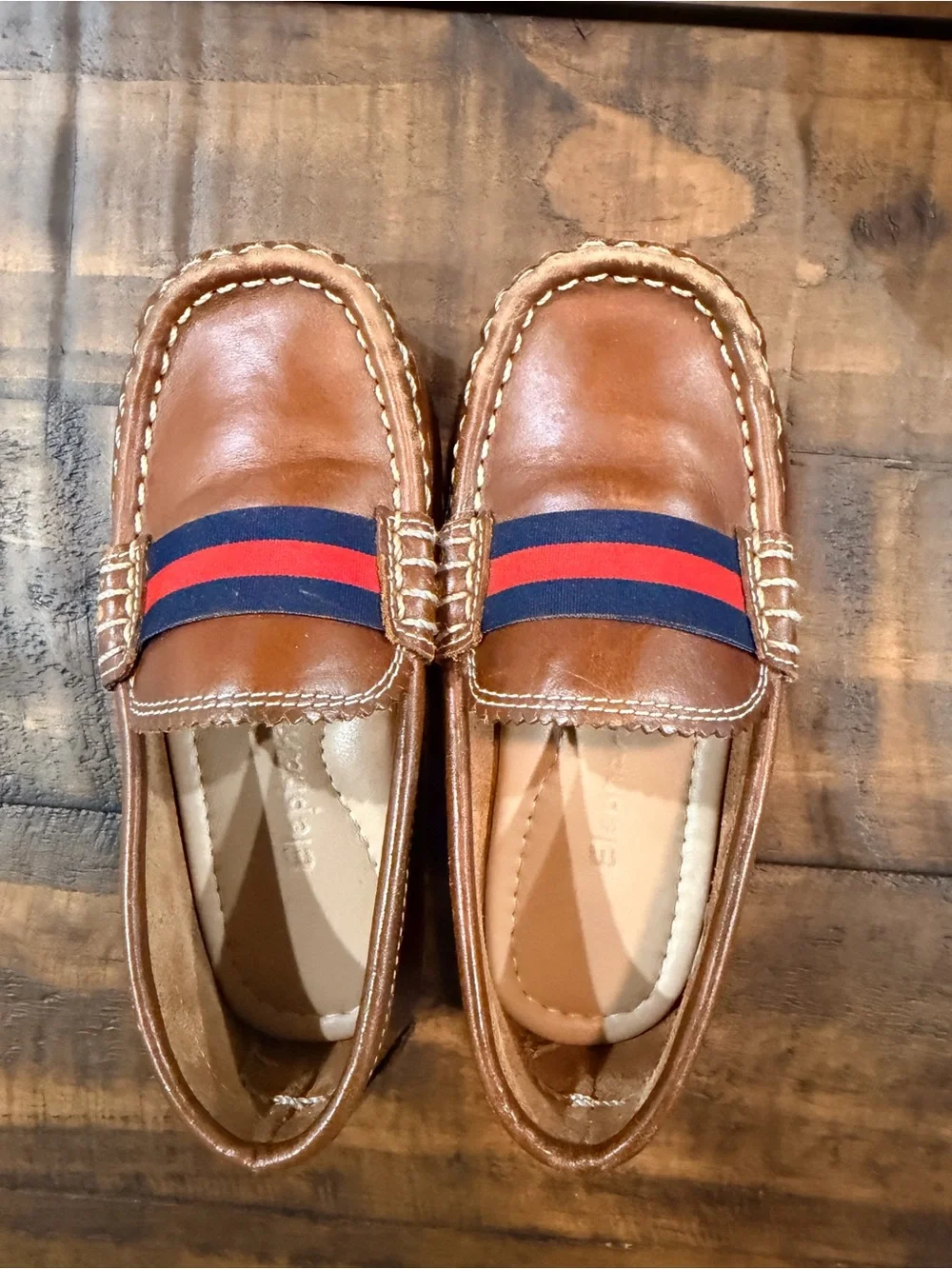 Elephantito Brown Leather Kids Loafers with Navy & Red Stripe